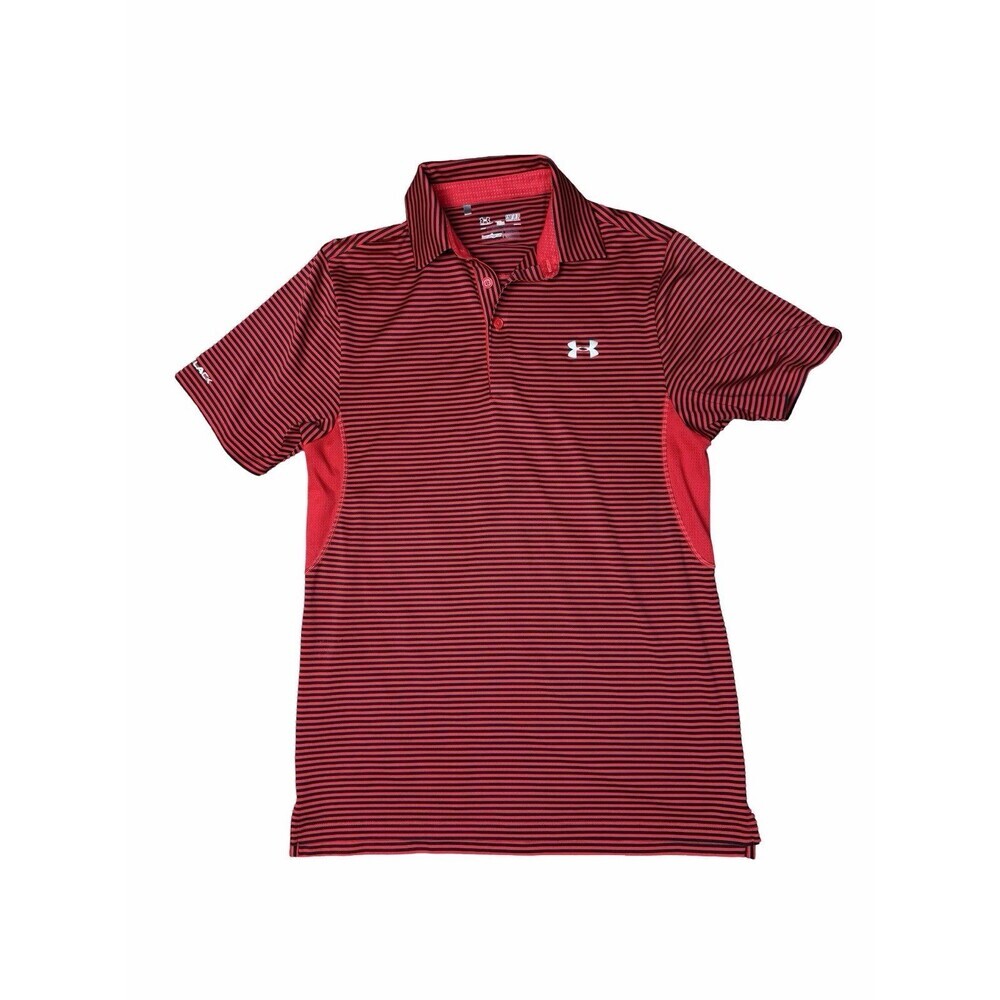 Under Armour Polo Shirt Mens S Red Striped HeatGear Loose Fit Golf Stretch